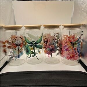 Set of 5 Floral and Dragonfly Glass Jars with Bamboo Lids